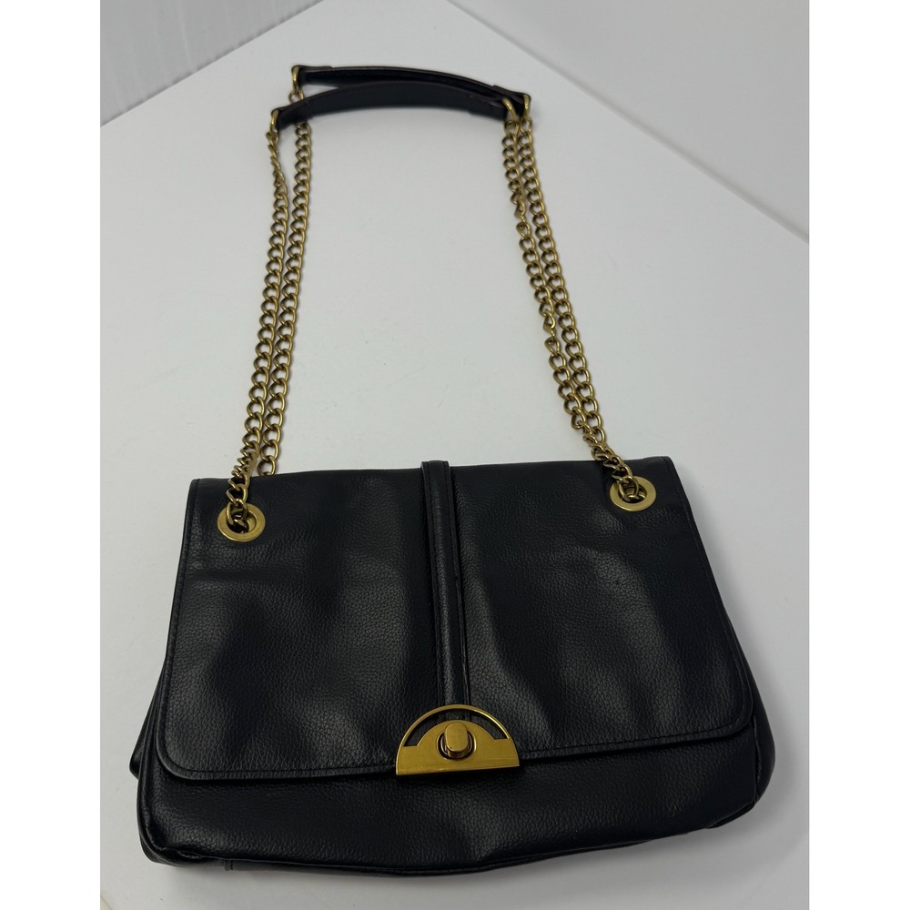 Antonio Melani Black Pebbled Leather Gold Chain Shoulder Bag Flap Turn Lock